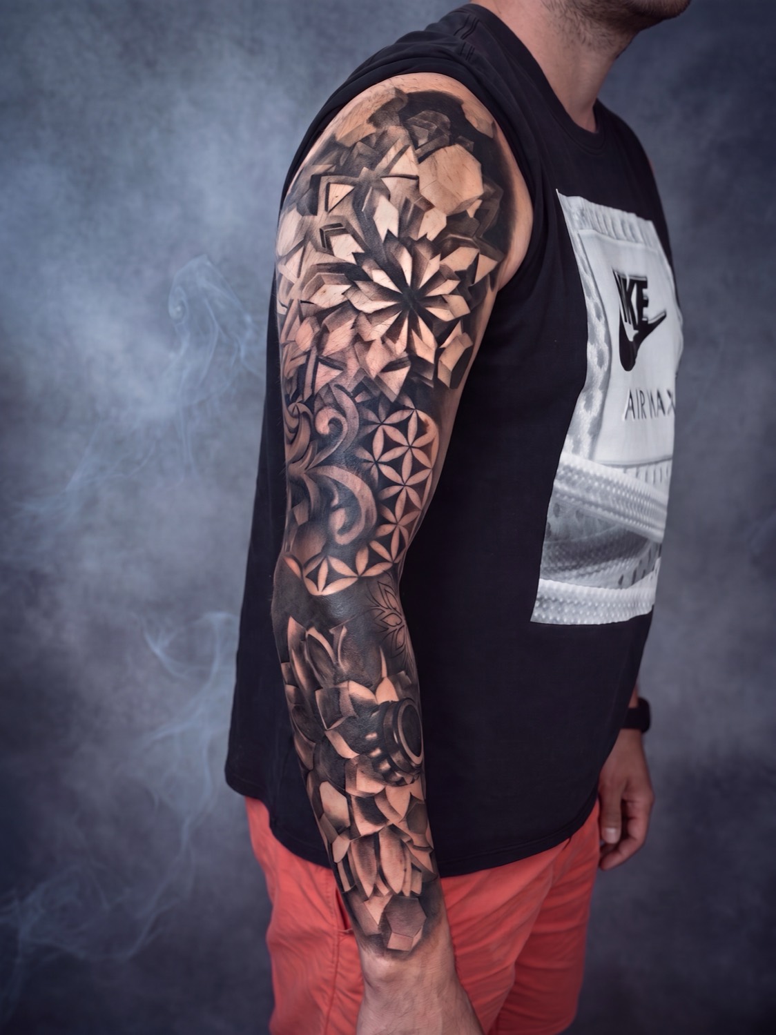 Black and grey geometric mandala sleeve