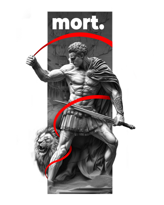 GLAD-001 — gladiator & lion (micro-realism, M)