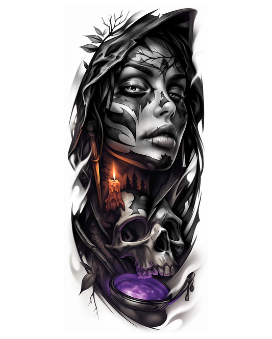 WITCH-003 — portrait, skull & candle (illustrative, L)